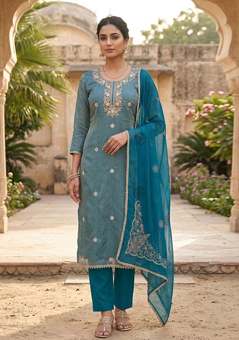 Blue Embroidery Cotton Material Suit Set - Indya
