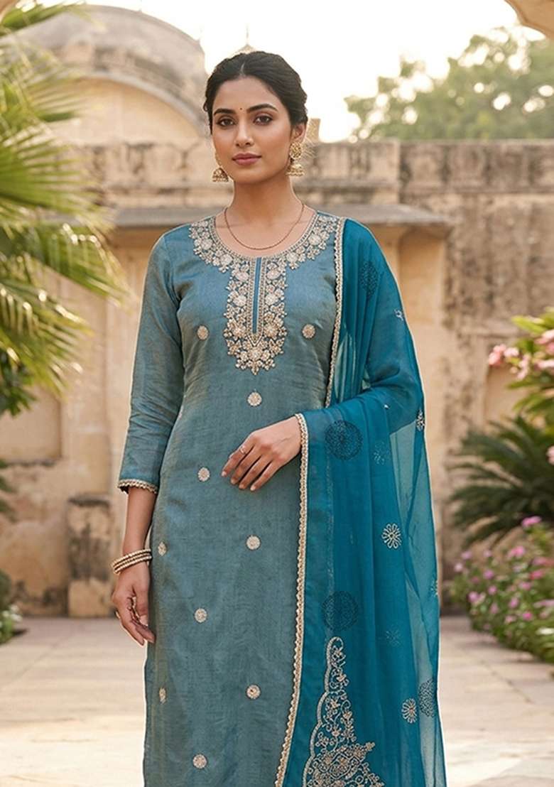 Blue Embroidery Cotton Material Suit Set - Indya