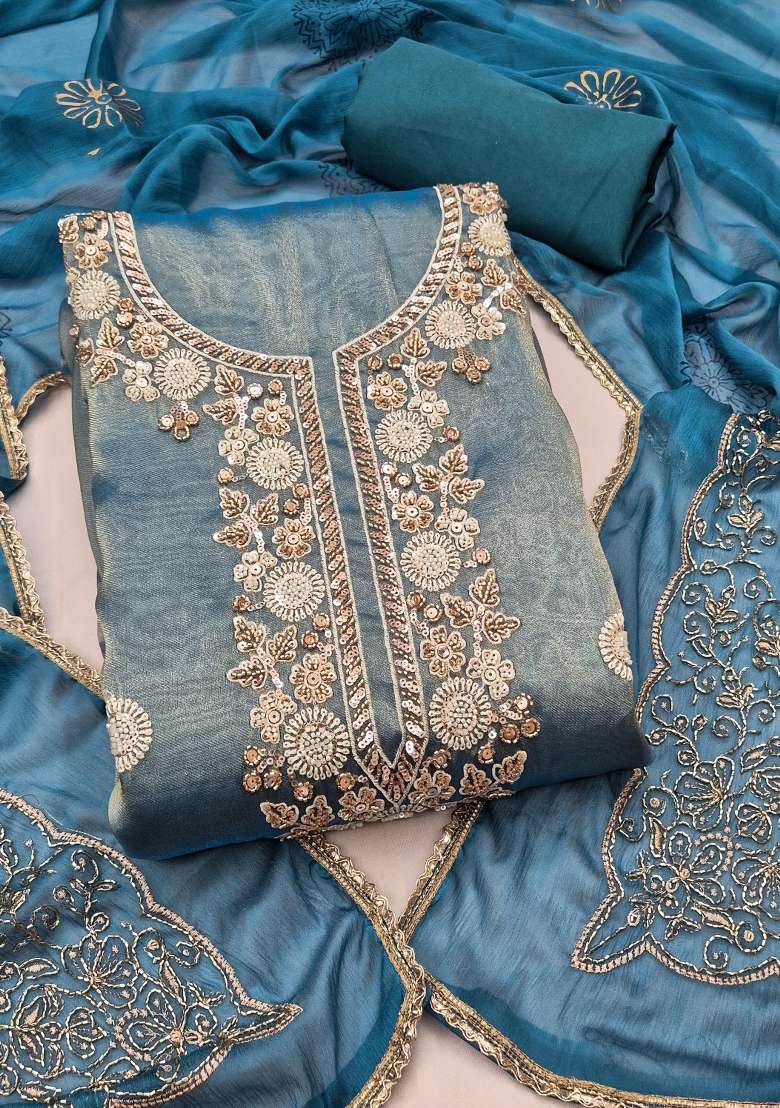 Blue Embroidery Cotton Material Suit Set - Indya