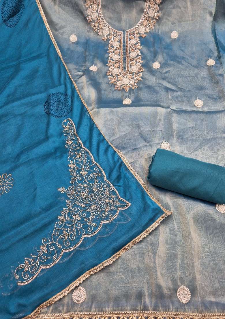 Blue Embroidery Cotton Material Suit Set - Indya