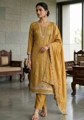 Light Yellow Embroidery Viscose Material Suit Set