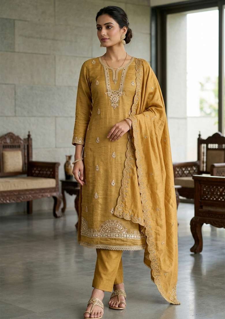 Light Yellow Embroidery Viscose Material Suit Set - Indya