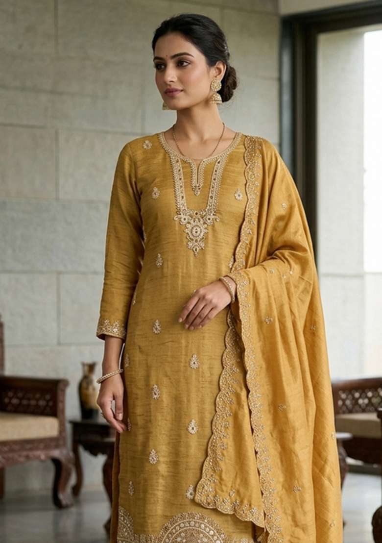 Light Yellow Embroidery Viscose Material Suit Set - Indya