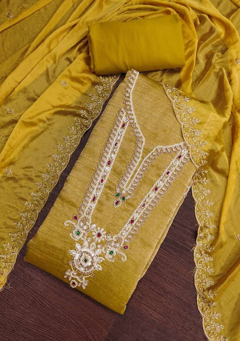 Light Yellow Embroidery Viscose Material Suit Set - Indya