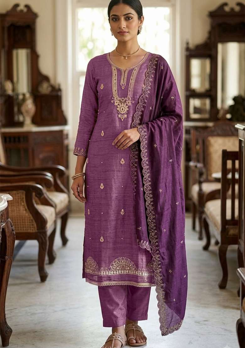 Lavender Embroidery Viscose Material Suit Set - Indya