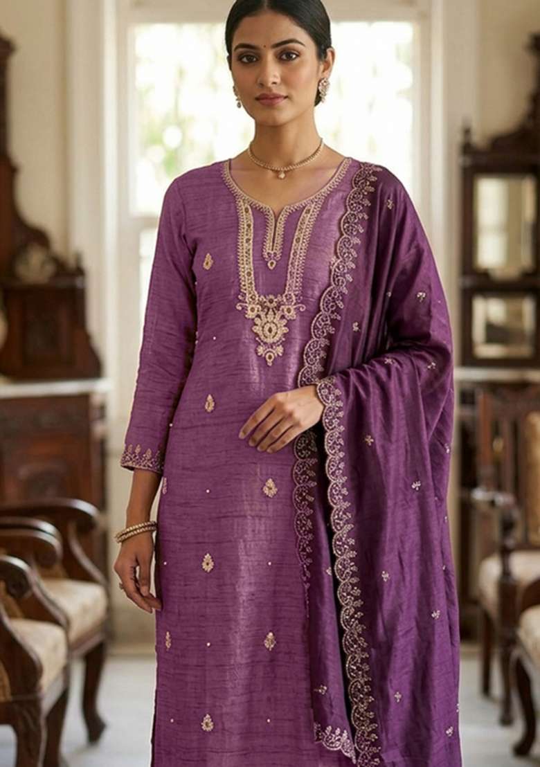 Lavender Embroidery Viscose Material Suit Set - Indya