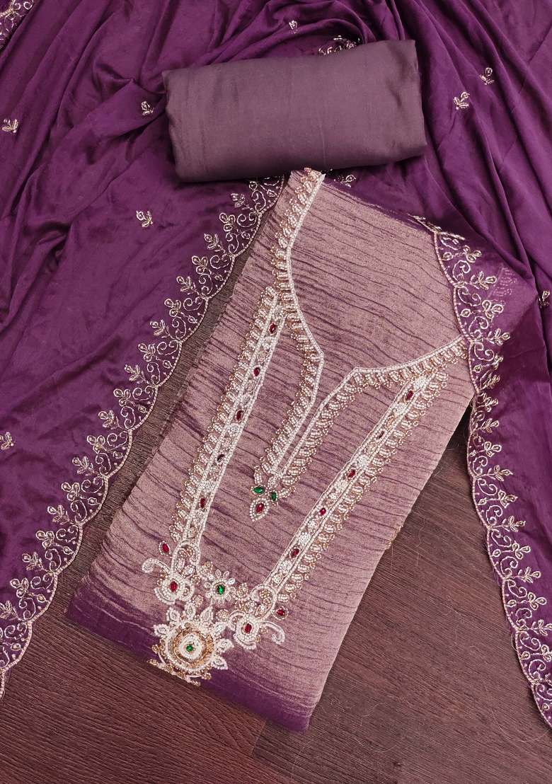 Lavender Embroidery Viscose Material Suit Set - Indya
