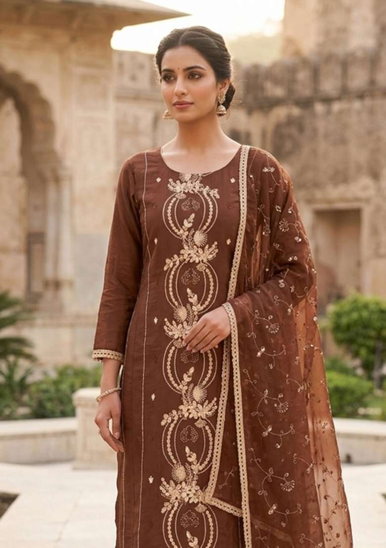 Brown Embroidery Silk Material Suit Set - Indya