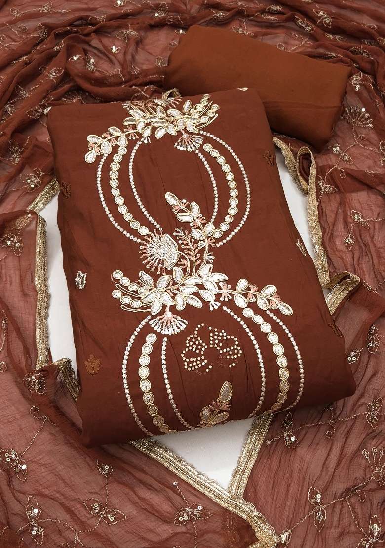 Brown Embroidery Silk Material Suit Set - Indya