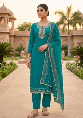 Teal Blue Embroidery Silk Material Suit Set