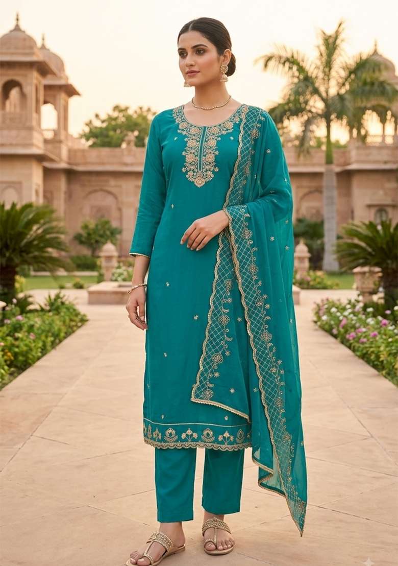 Teal Blue Embroidery Silk Material Suit Set - Indya