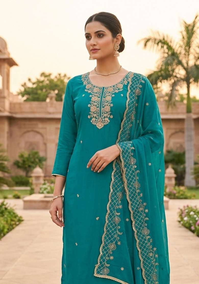 Teal Blue Embroidery Silk Material Suit Set - Indya