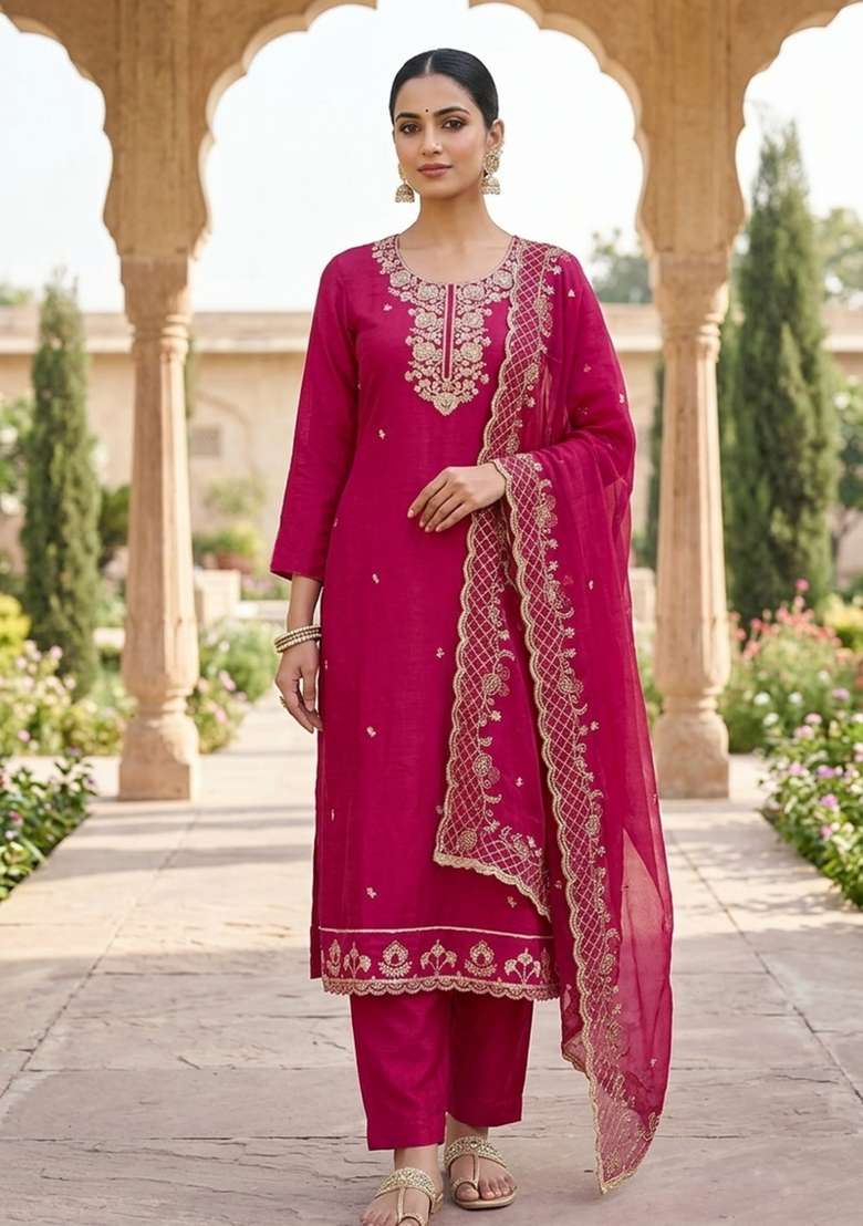 Magenta Embroidery Silk Material Suit Set - Indya