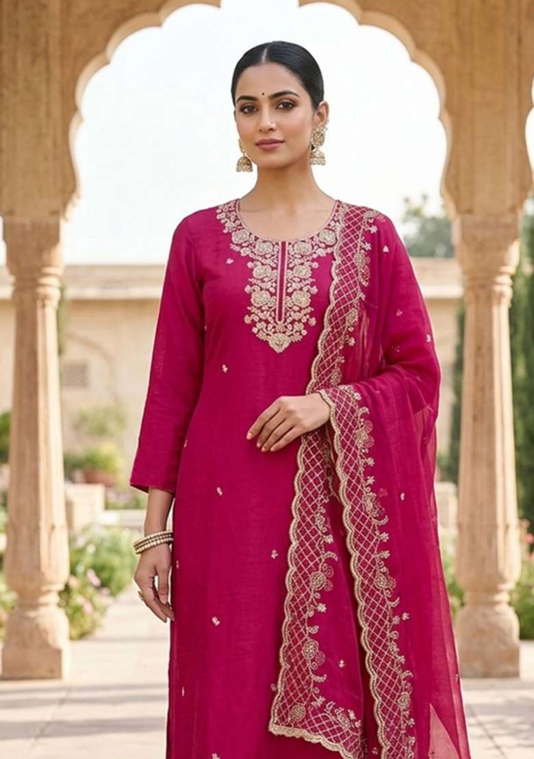 Magenta Embroidery Silk Material Suit Set - Indya