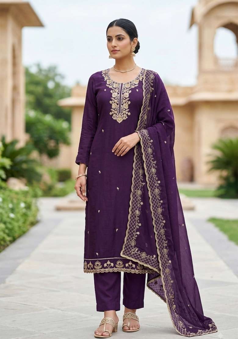 Dark Purple Embroidery Silk Material Suit Set - Indya
