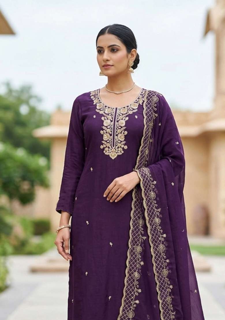 Dark Purple Embroidery Silk Material Suit Set - Indya