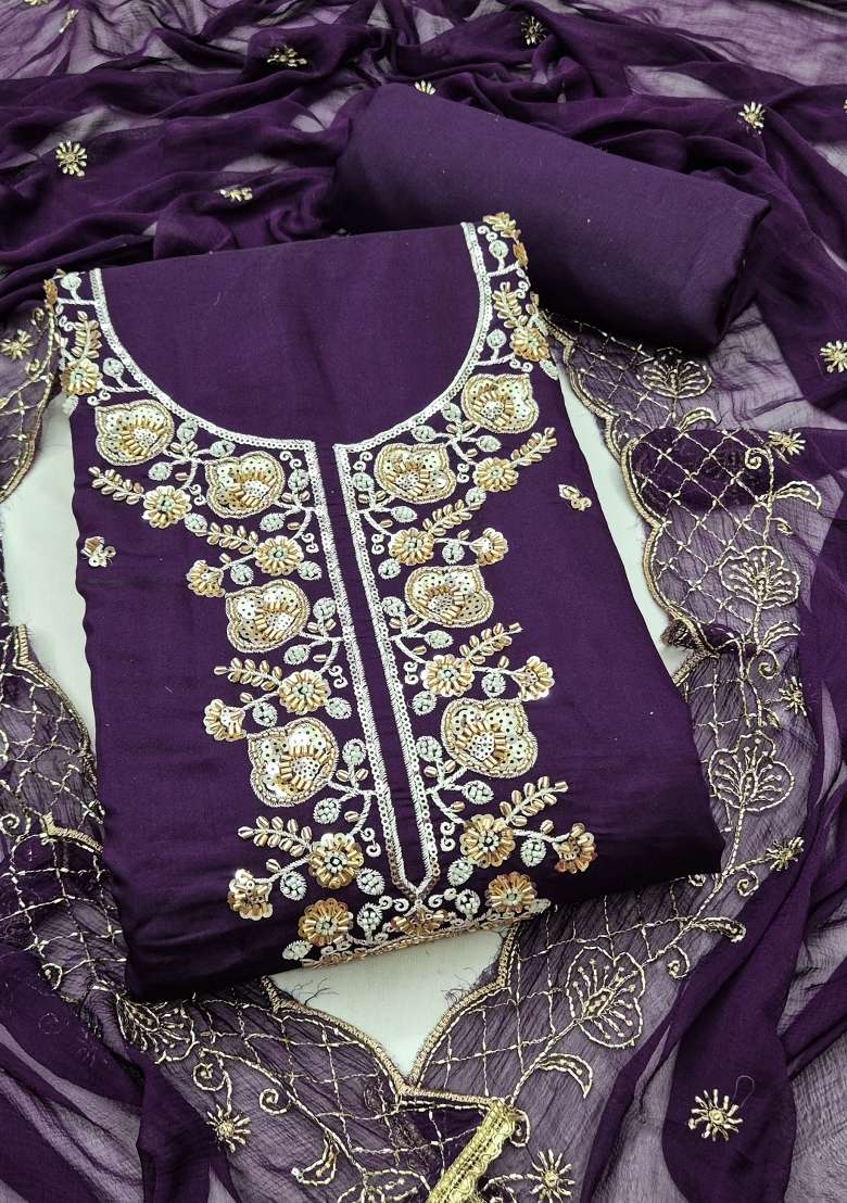 Dark Purple Embroidery Silk Material Suit Set - Indya