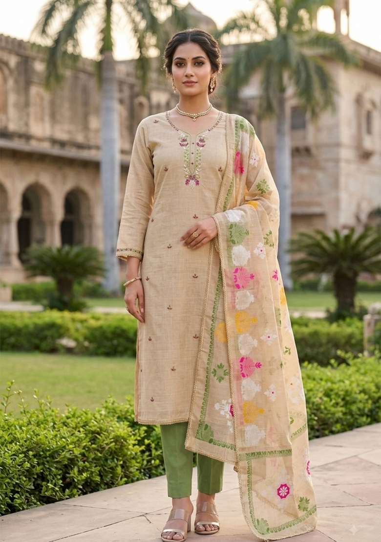 Beige Handwork Jamdhani Material Suit Set - Indya