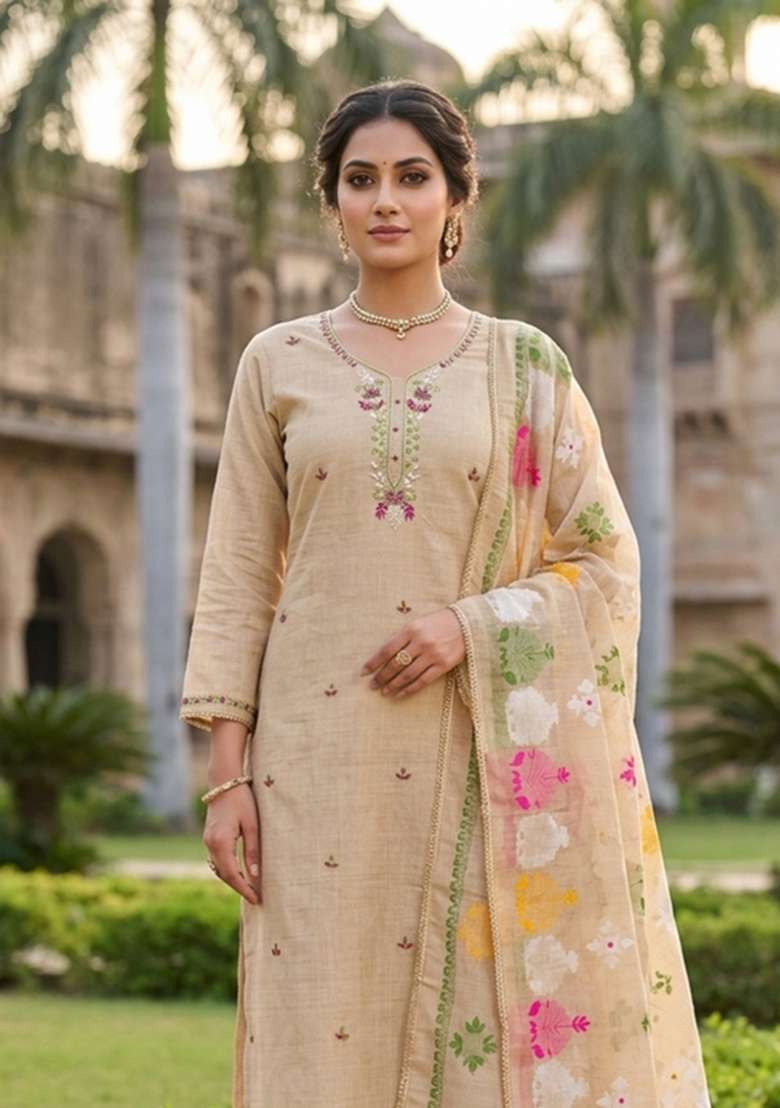 Beige Handwork Jamdhani Material Suit Set - Indya