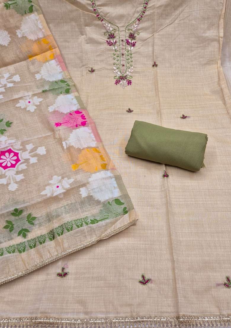 Beige Handwork Jamdhani Material Suit Set - Indya