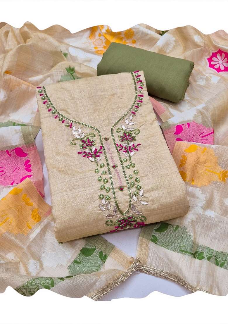 Beige Handwork Jamdhani Material Suit Set - Indya