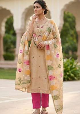 Beige Handwork Jamdhani Material Suit Set