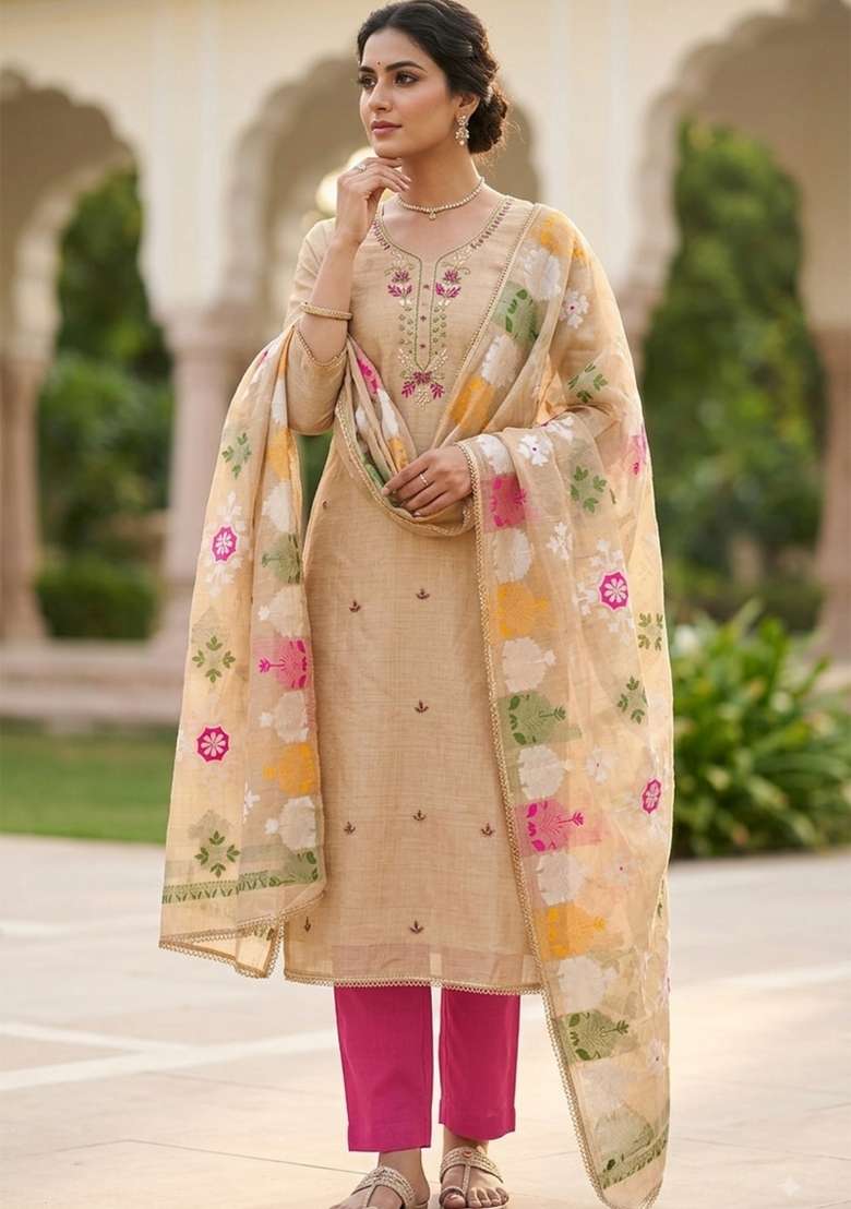 Beige Handwork Jamdhani Material Suit Set - Indya
