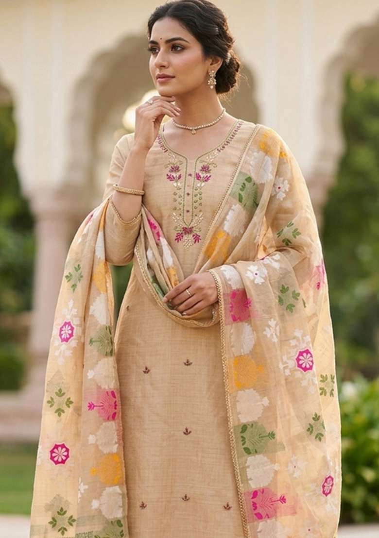 Beige Handwork Jamdhani Material Suit Set - Indya
