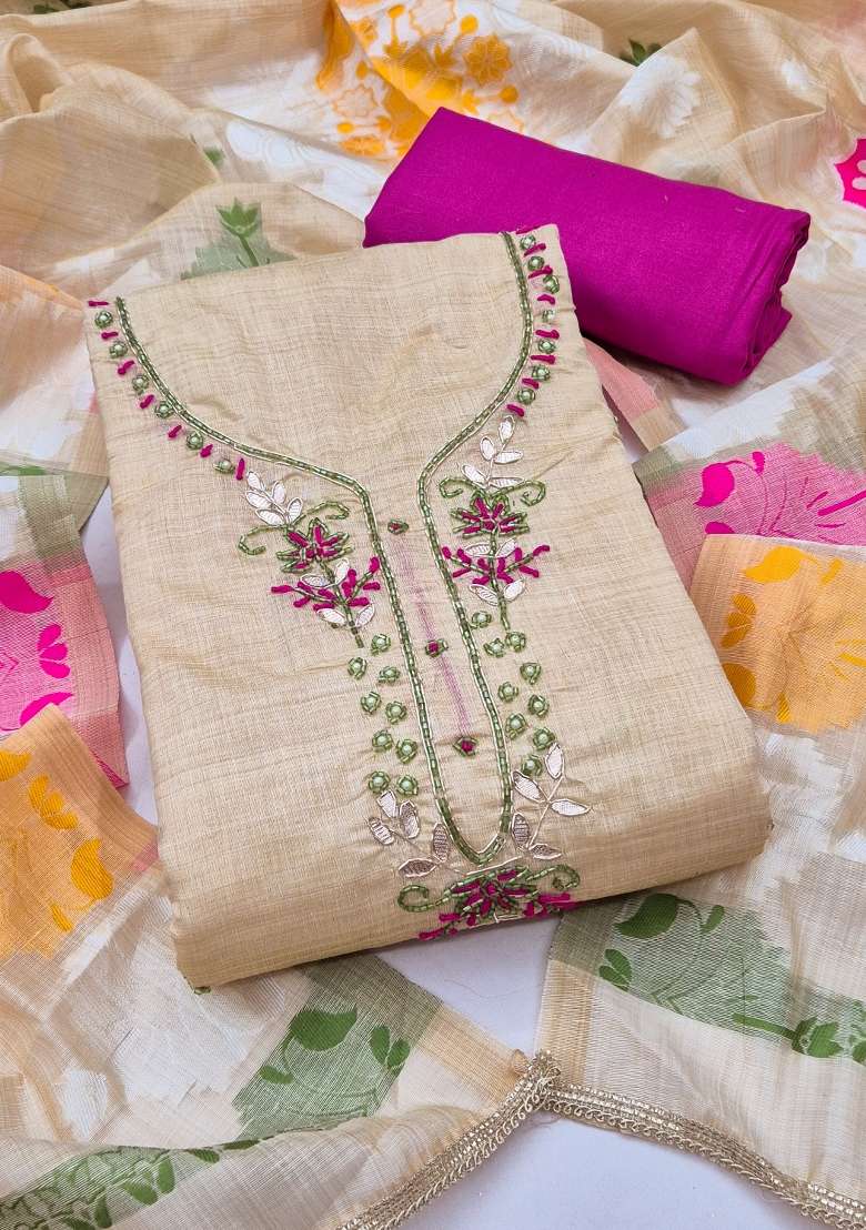 Beige Handwork Jamdhani Material Suit Set - Indya