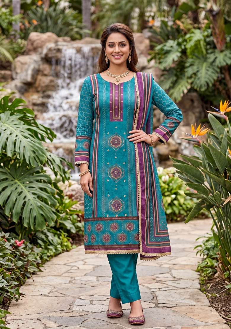 Multicolor Printed Silk Material Suit Set - Indya