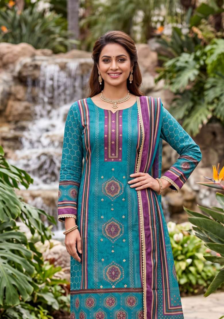 Multicolor Printed Silk Material Suit Set - Indya