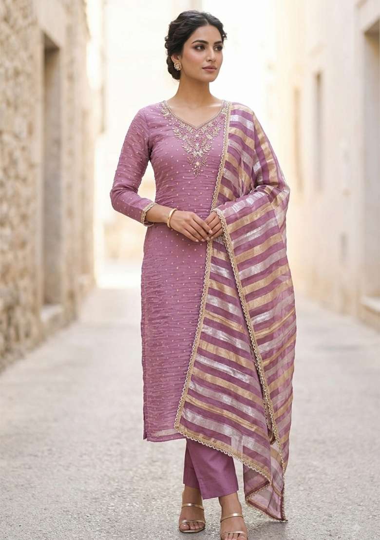 Lavender Thread Work Cotton Material Suit Set - Indya