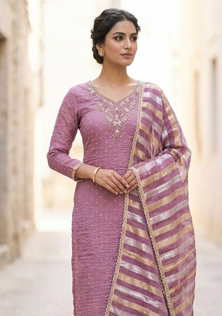 Lavender Thread Work Cotton Material Suit Set - Indya