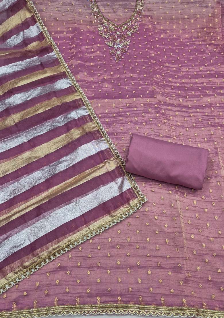 Lavender Thread Work Cotton Material Suit Set - Indya