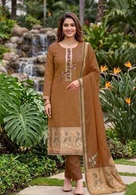 Brown Weaving Work Cotton Material Suit Set