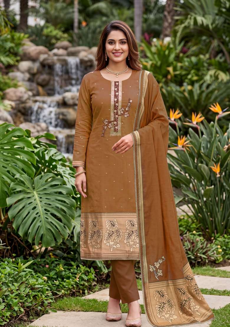 Brown Weaving Work Cotton Material Suit Set - Indya