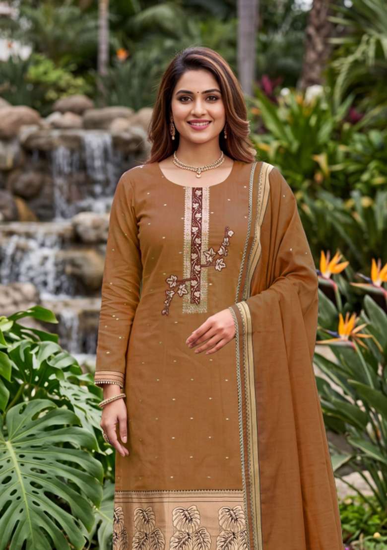 Brown Weaving Work Cotton Material Suit Set - Indya