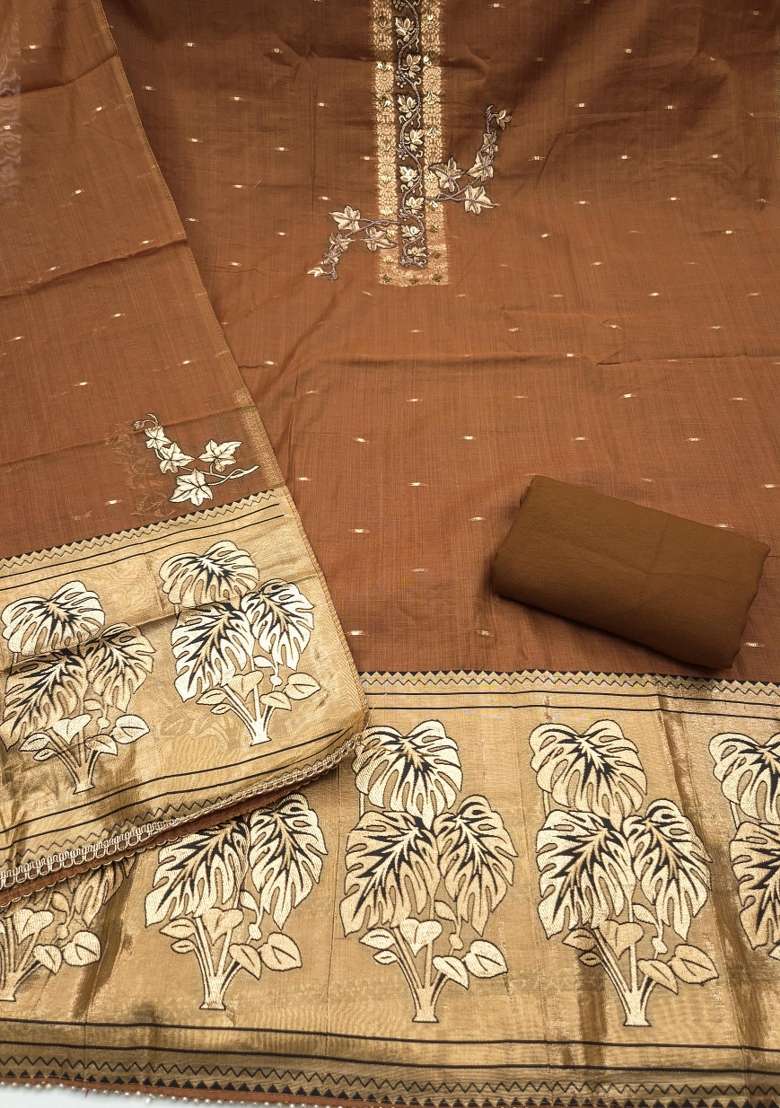 Brown Weaving Work Cotton Material Suit Set - Indya
