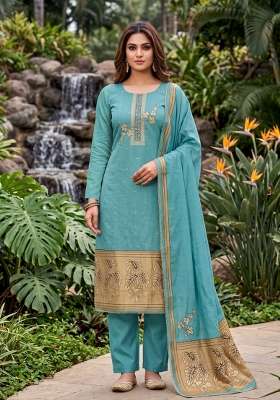 Sea Green Weaving Work Cotton Material Suit Set