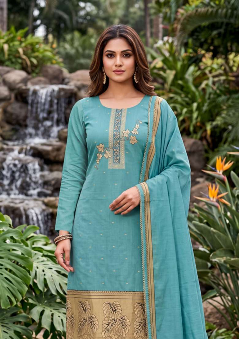 Sea Green Weaving Work Cotton Material Suit Set - Indya