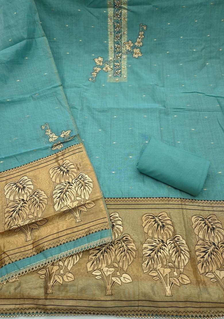 Sea Green Weaving Work Cotton Material Suit Set - Indya