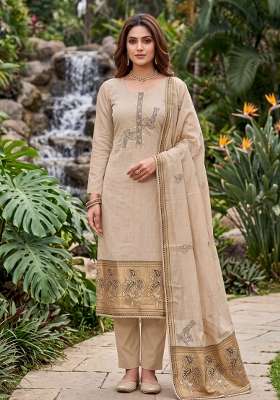 Beige Weaving Work Cotton Material Suit Set