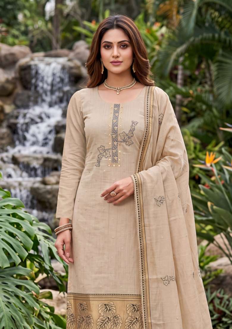 Beige Weaving Work Cotton Material Suit Set - Indya