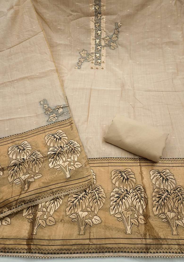 Beige Weaving Work Cotton Material Suit Set - Indya