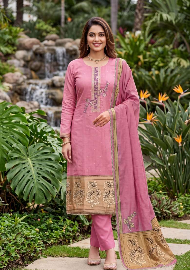 Pink Weaving Work Cotton Material Suit Set - Indya
