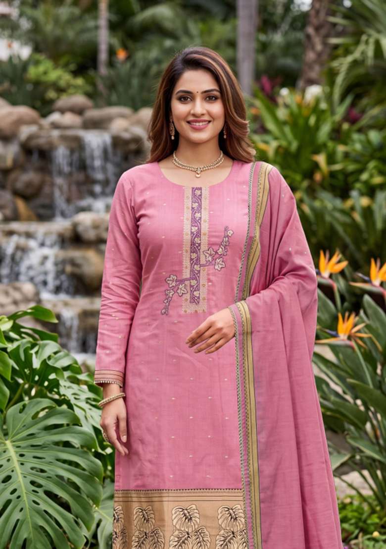 Pink Weaving Work Cotton Material Suit Set - Indya