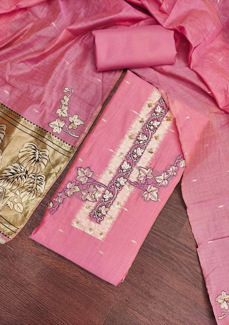 Pink Weaving Work Cotton Material Suit Set - Indya
