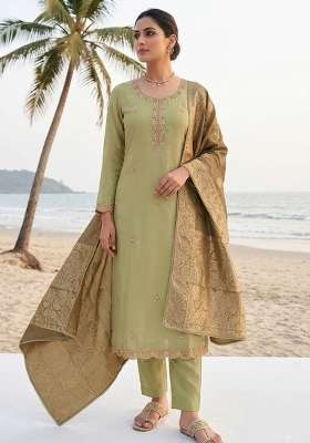 Light Green Beads Work Cotton Material Suit Set