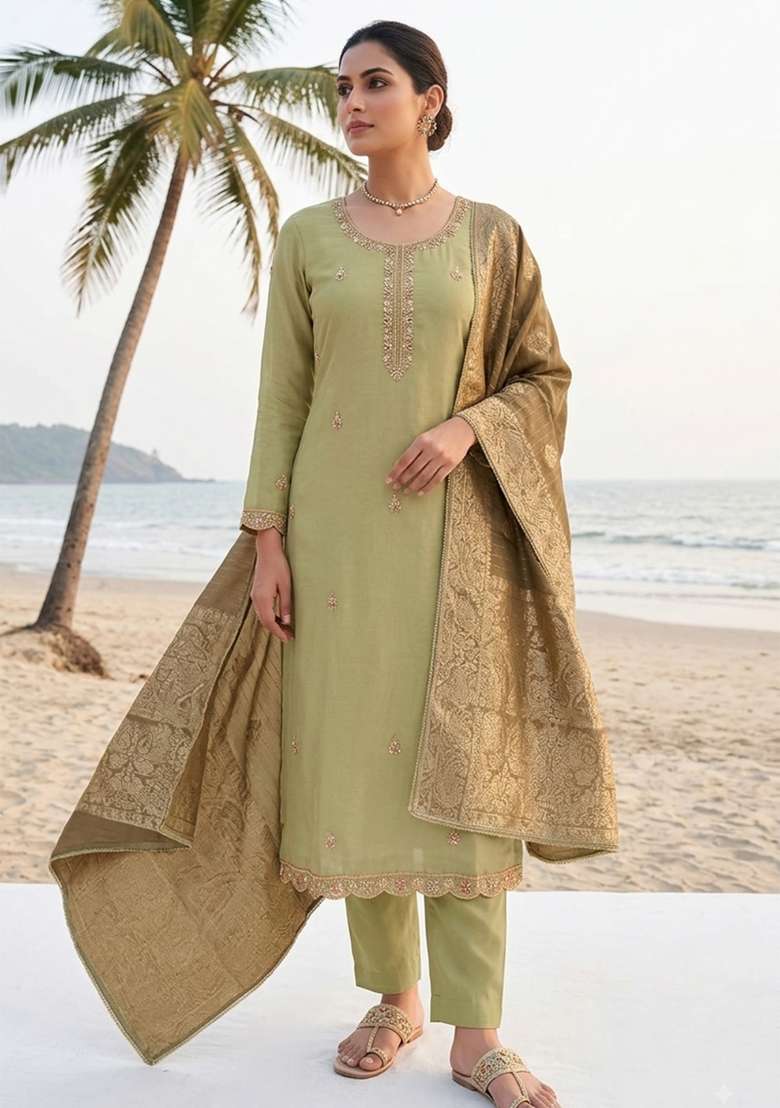 Light Green Beads Work Cotton Material Suit Set - Indya