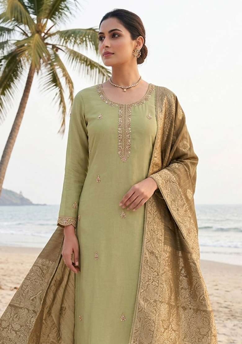 Light Green Beads Work Cotton Material Suit Set - Indya